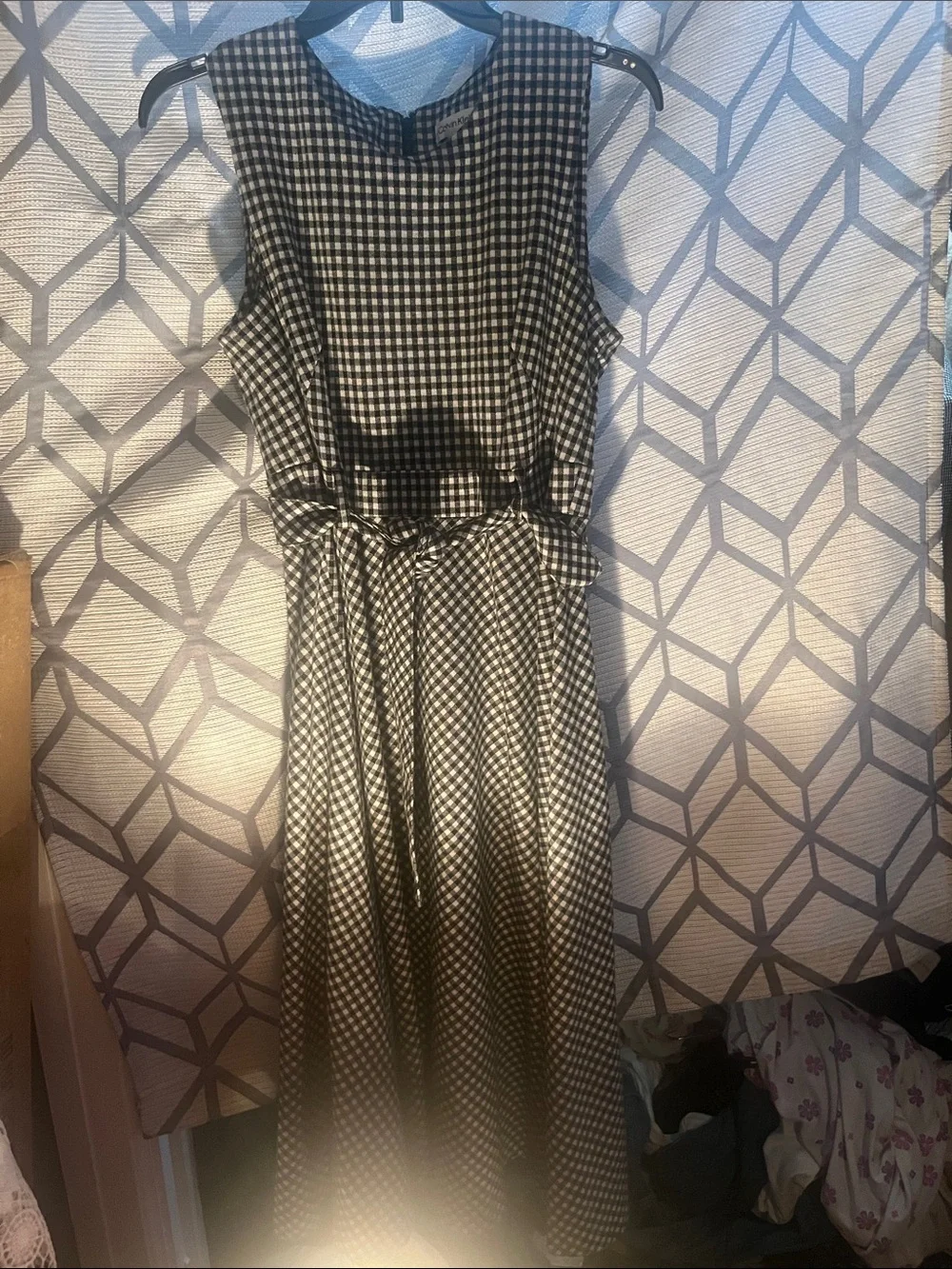 Calvin Klein Black and White Gingham Sleeveless Midi Dress